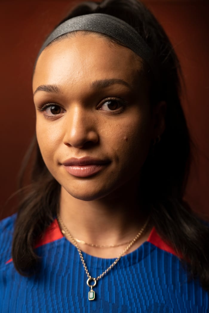 Closeup portrait of US women's national team forward Sophia Smith posing during a photo shoot at the Fairmont Hotel.
